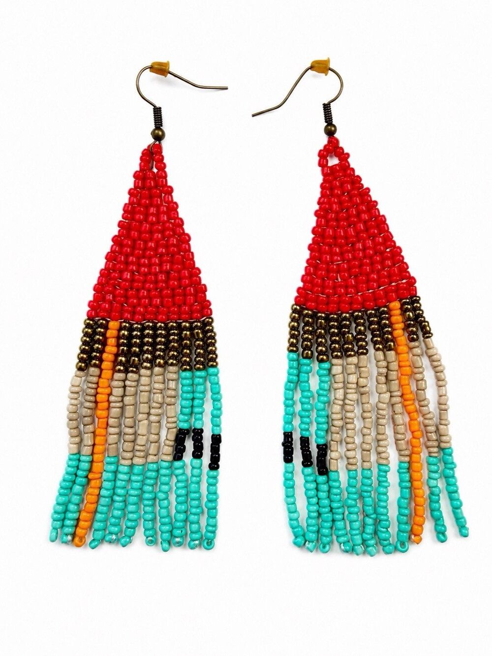 Southwestern Seed Bead Fringe Earrings Boho Turquoise Coral Statement Dangle